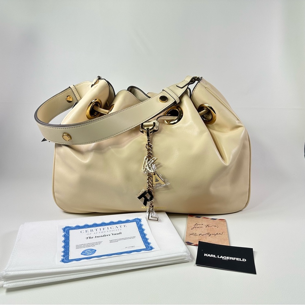 NEW Karl Lagerfeld Cream Desiree Leather Shoulder Crossbody Drawstring Bag - Picture 2 of 16